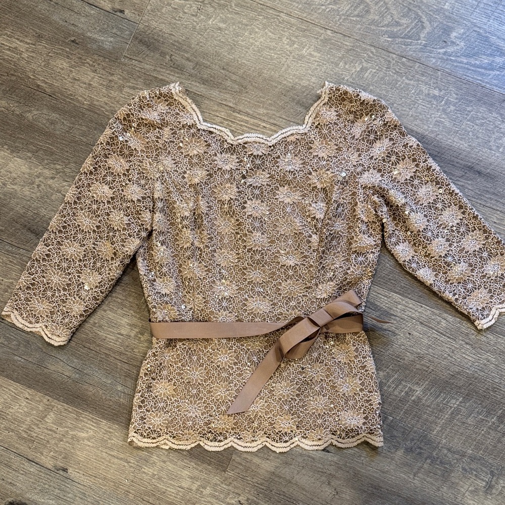 Elegant Lace & Sequin Women’s Top with Ribbon Detail